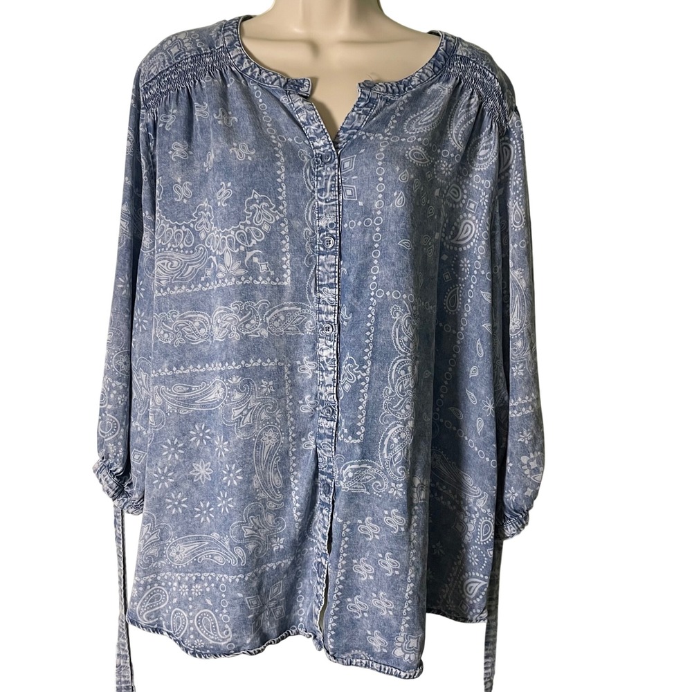 Cato Womens Blue Paisley‎ Bandana Print Button Front Blouse Top 18/20W Chambray
